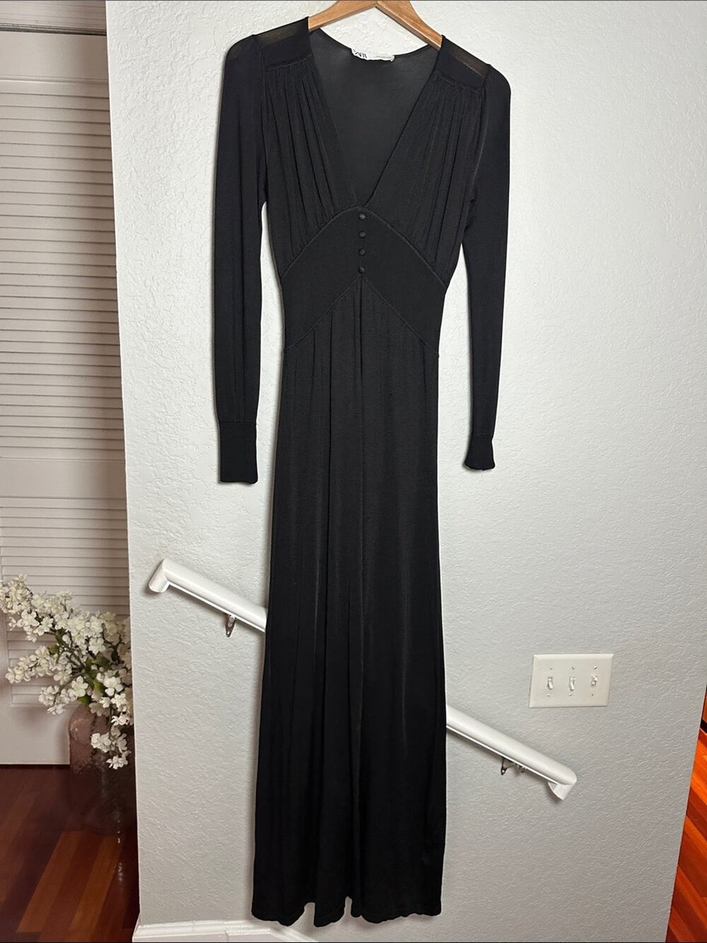 Zara Black Long Sleeve Maxi Dress Nylon Semi Sheer Sexy Stretchy